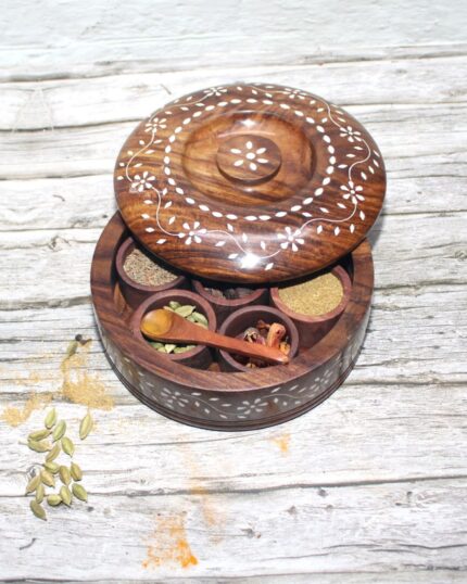 Wooden Round Masala Box